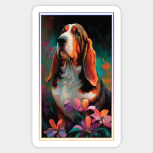 Basset Hound Vibrant Tropical Flower Tall Digital Oil Painting Portrait Sticker